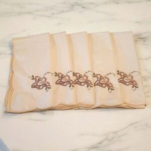 Vintage Champagne Cream Embroidered Rose Scalloped Edge Cloth Napkins Set of 5